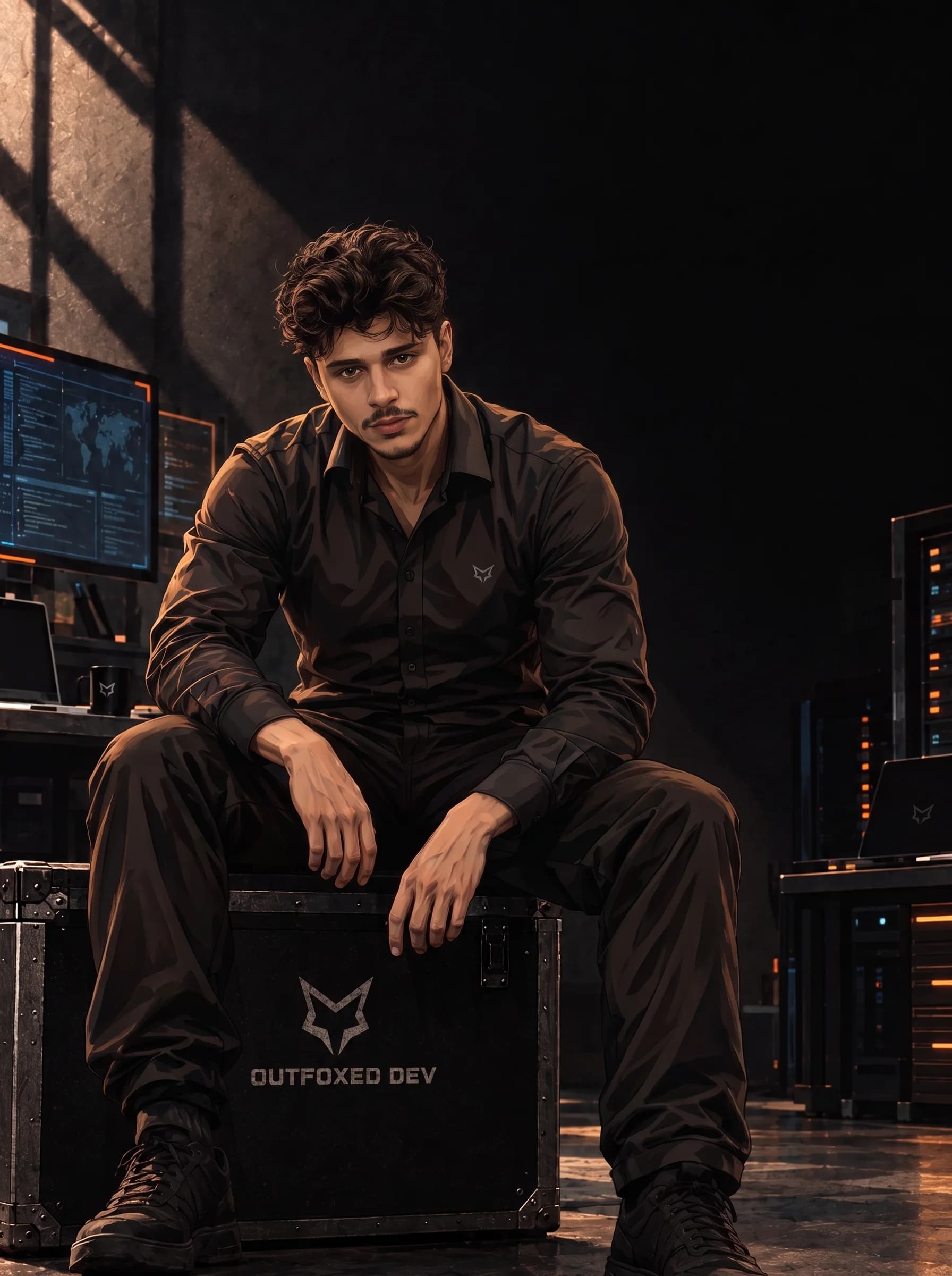 Rossi Serrai sitting on an Outfoxed Dev road case in a dimly lit workshop, monitors glowing behind him