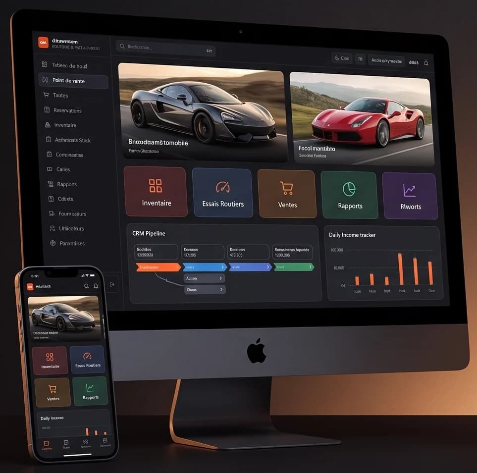 Prototype visual of the car showroom suite on a desktop and a phone: inventory, test drives, sales and reports