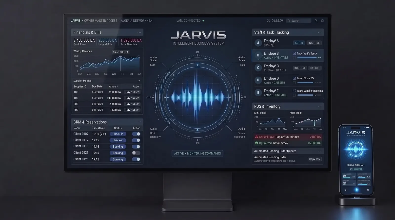 JARVIS owner console prototype: finances, staff tasks and stock around a central voice waveform, with a phone app beside it